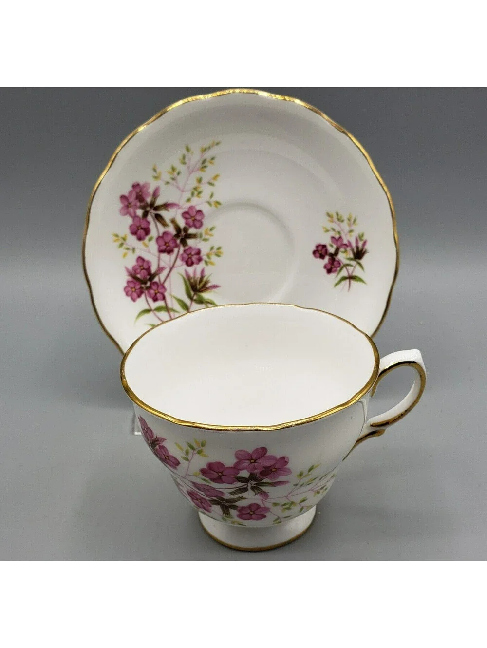 Royal Vale Teacup & Saucer Petite Violet Flowers Fine Bone China England Ridgway